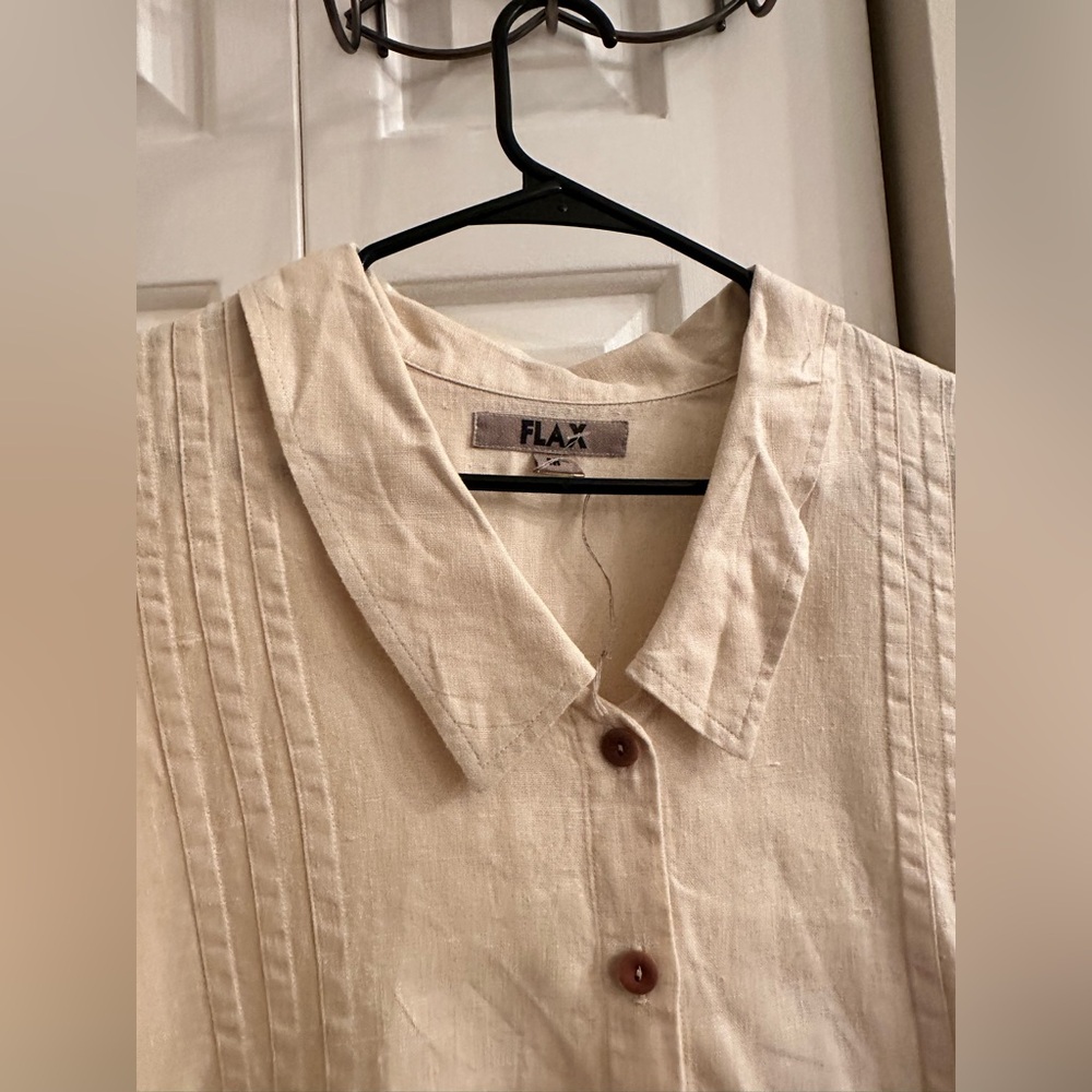 FLAX 100% Linen Pleated Blouse Medium Neutral Coastal French Girl Boho Cream - Picture 5 of 7